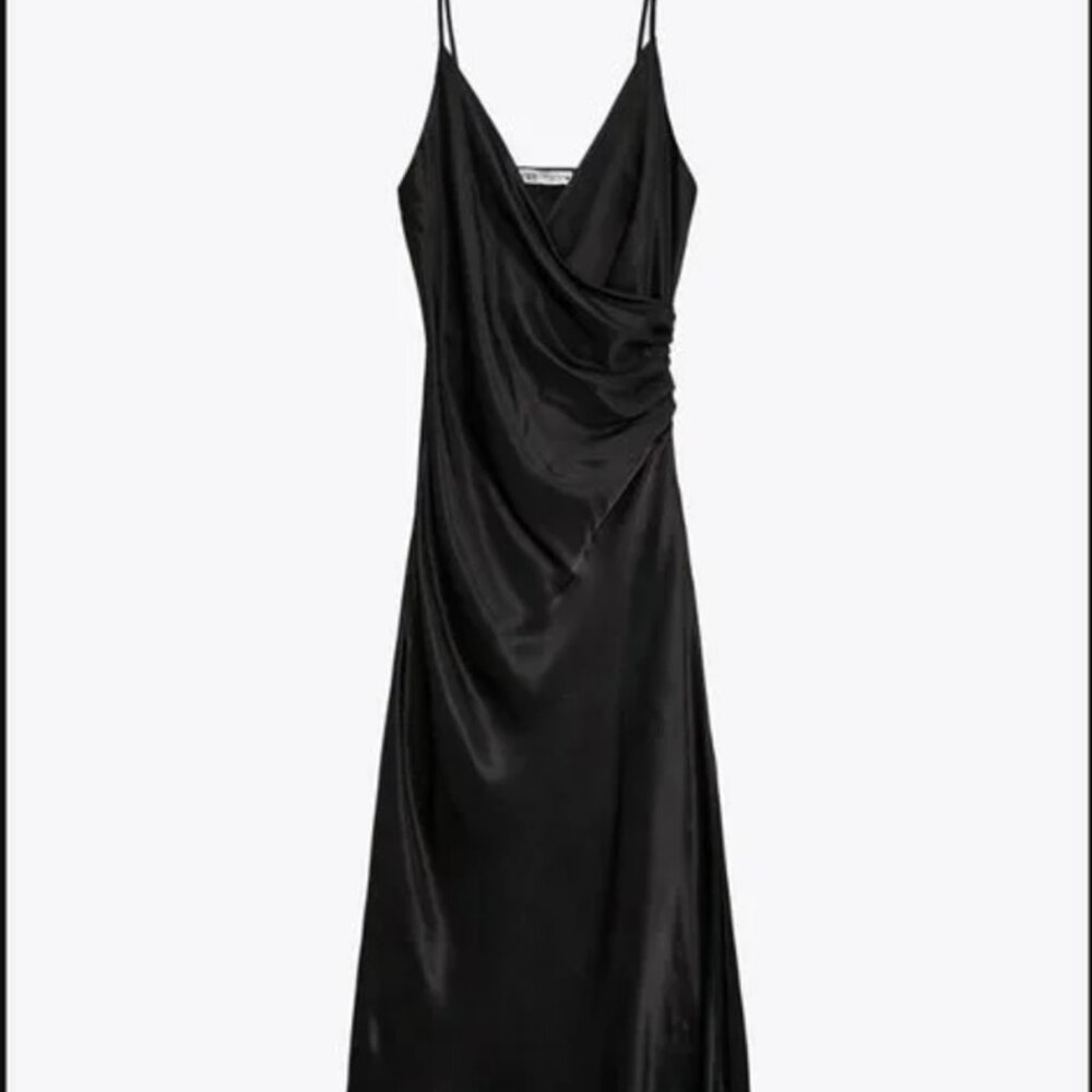 Zara Satin Wrap Draped Midi Dress Black Size S